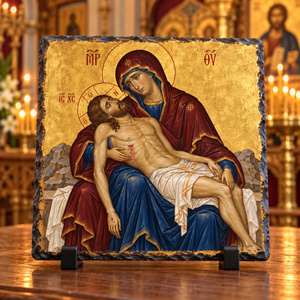 Virgin Mary Theotokos holding Jesus after the Crucifixion Orthodox Byzantine Pieta rock slate