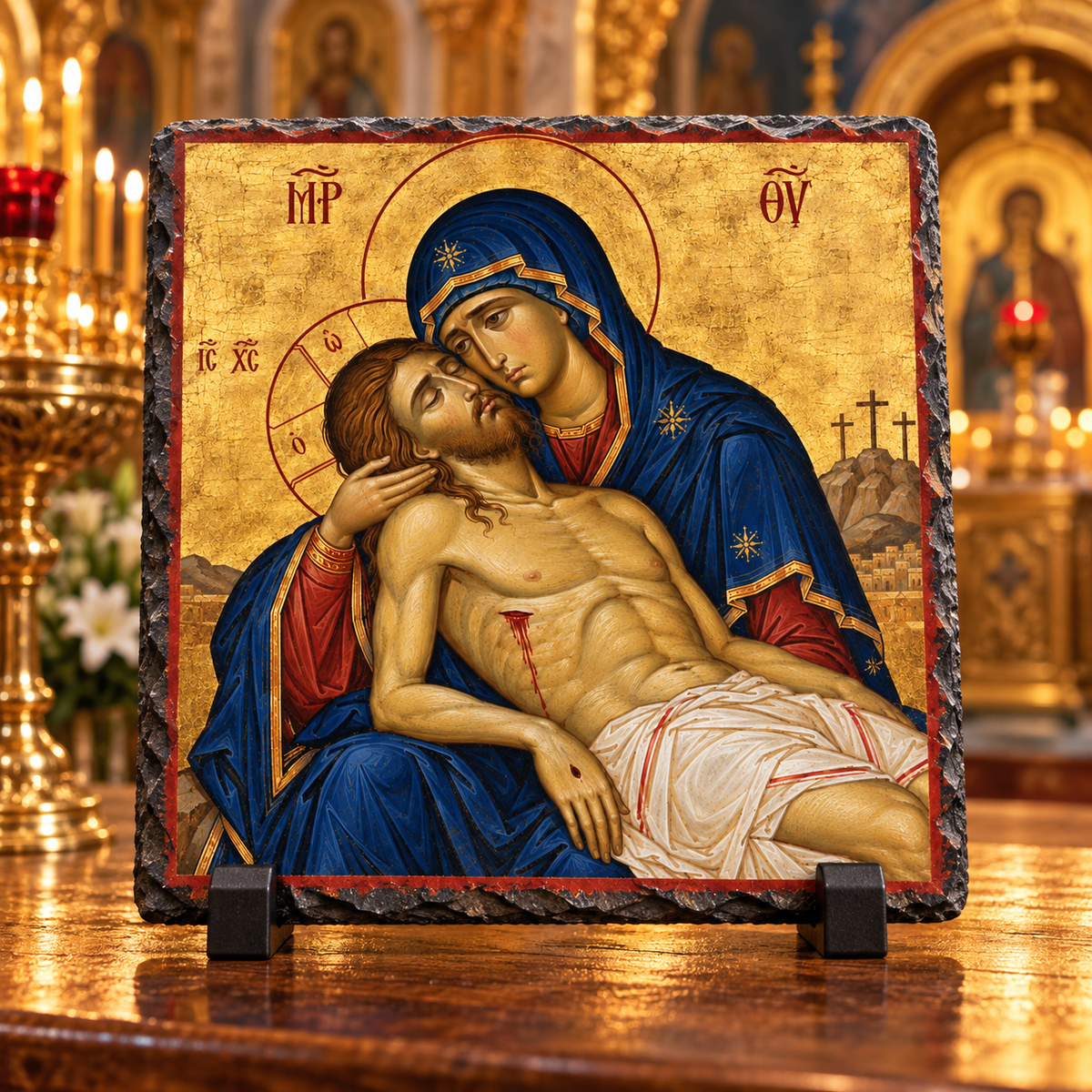 Theotokos cradling Christ after the Crucifixion Orthodox Byzantine Lamentation rock slate