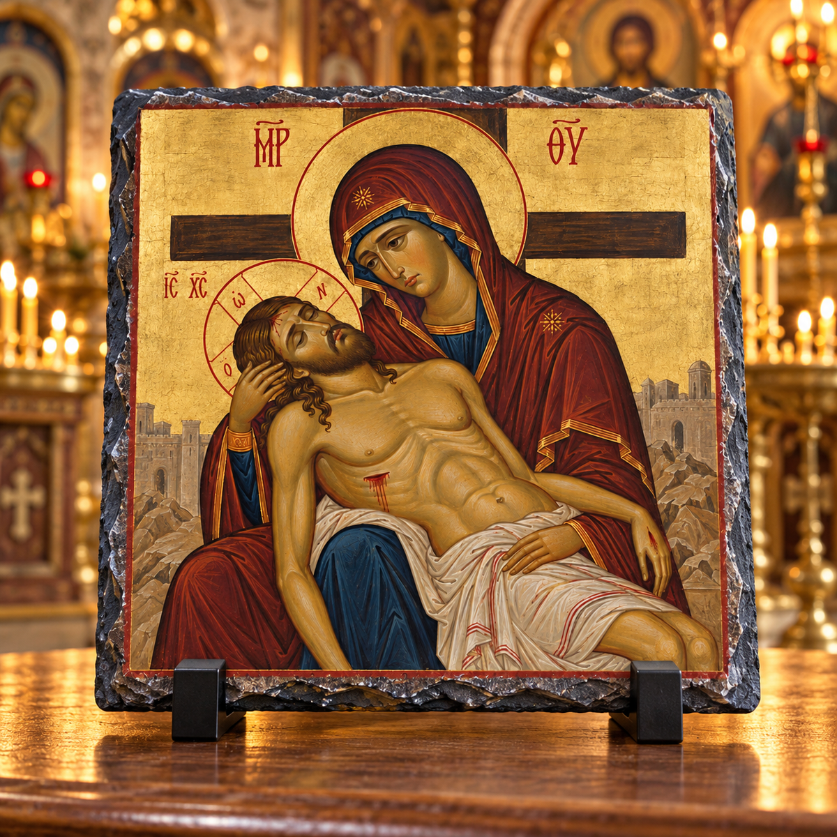 Our Lady of Sorrows holding Jesus Orthodox Byzantine Pieta rock slate