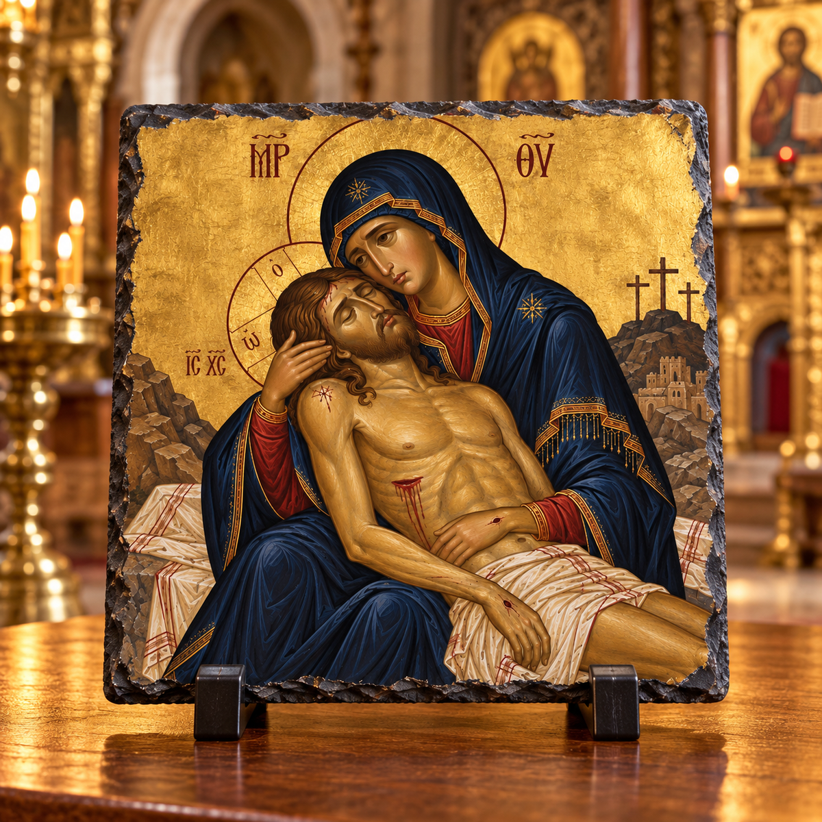 Virgin Mary cradling Christ Orthodox Byzantine Pieta religious rock slate