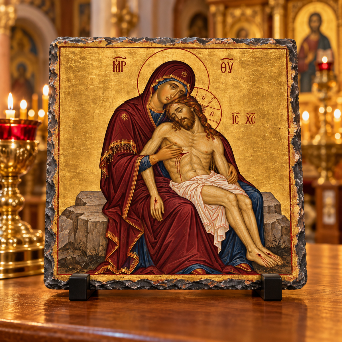 Theotokos mourning Christ Orthodox Byzantine Lamentation rock slate