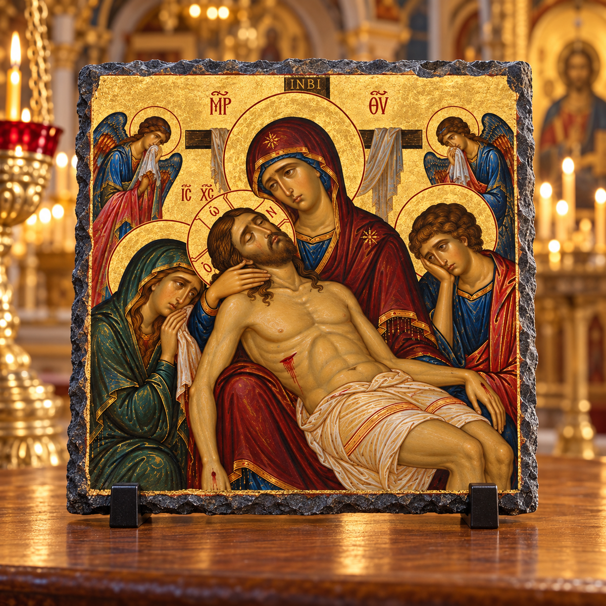 Pieta of the Theotokos and Christ Orthodox Byzantine Christian rock slate