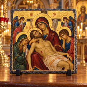 Pieta of the Theotokos and Christ Orthodox Byzantine Christian rock slate