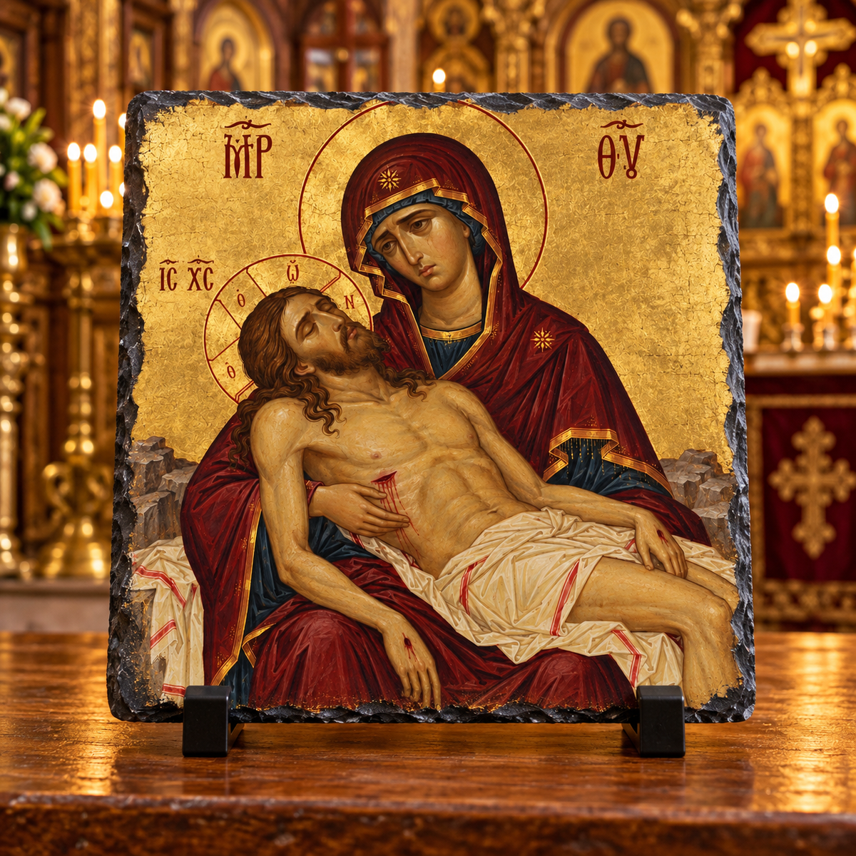 Lamentation of Christ with the Theotokos Byzantine Orthodox rock slate