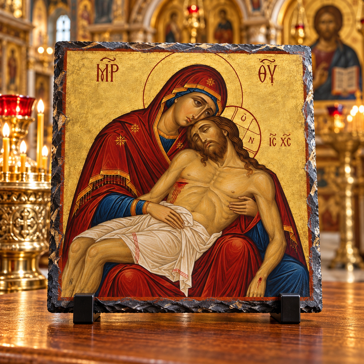 Virgin Mary Pieta Byzantine religious icon natural rock slate