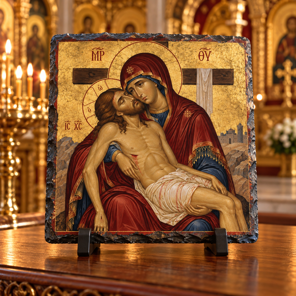Theotokos and Christ at the Cross Orthodox Byzantine Pieta rock slate
