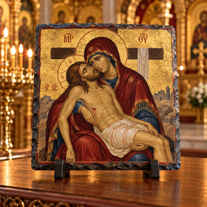 Theotokos and Christ at the Cross Orthodox Byzantine Pieta rock slate