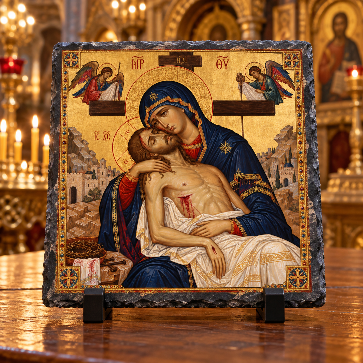 Byzantine Pieta Virgin Mary holding Jesus religious rock slate