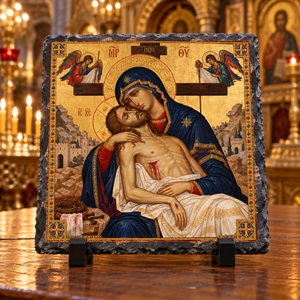 Byzantine Pieta Virgin Mary holding Jesus religious rock slate
