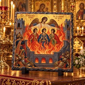 Three Holy Youths in the Fiery Furnace Orthodox Byzantine Old Testament icon on natural rock slate in a candlelit church setting
